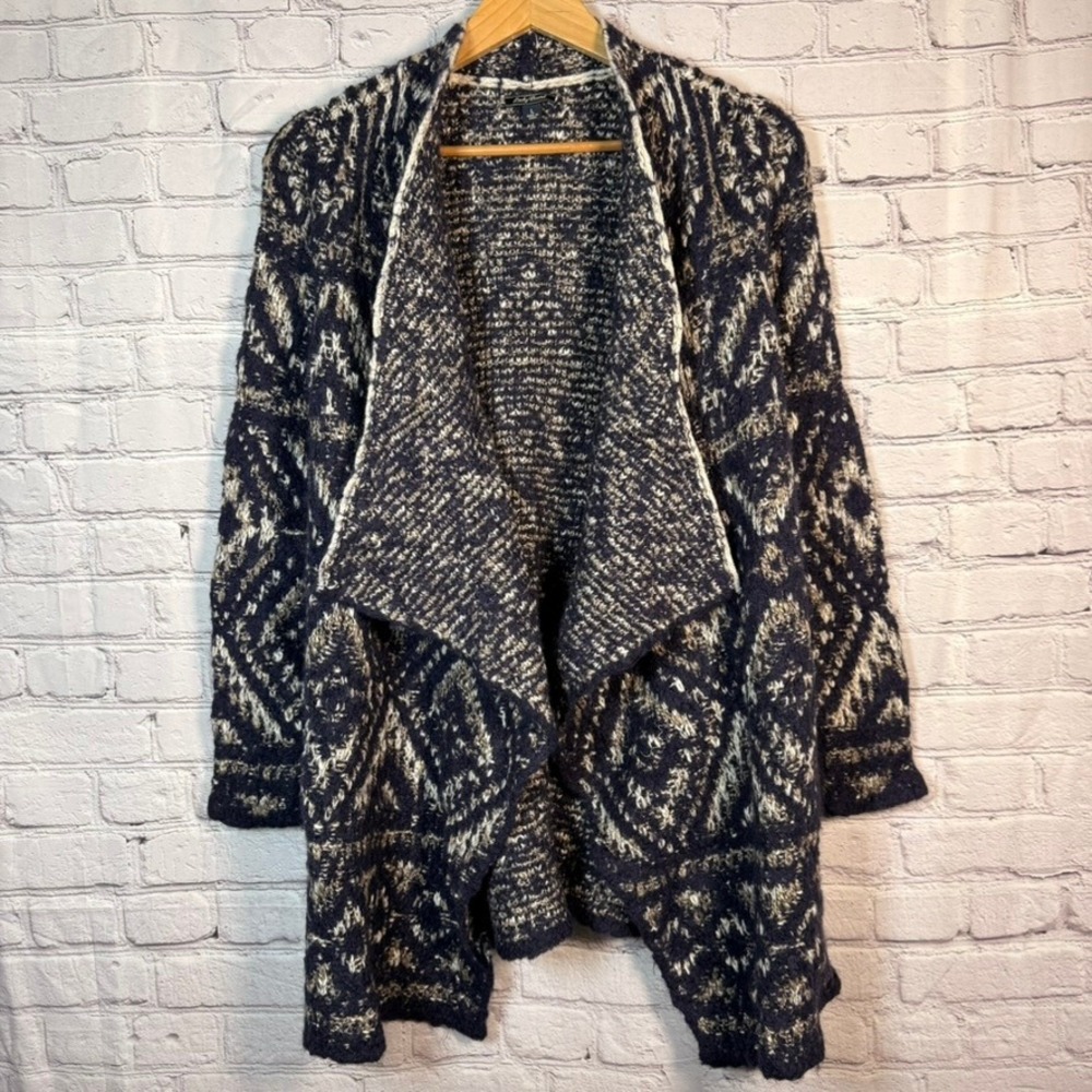 Lucky Brand Navy Blue Geometric Alpaca Wool Blend Open Front Cardigan Large
